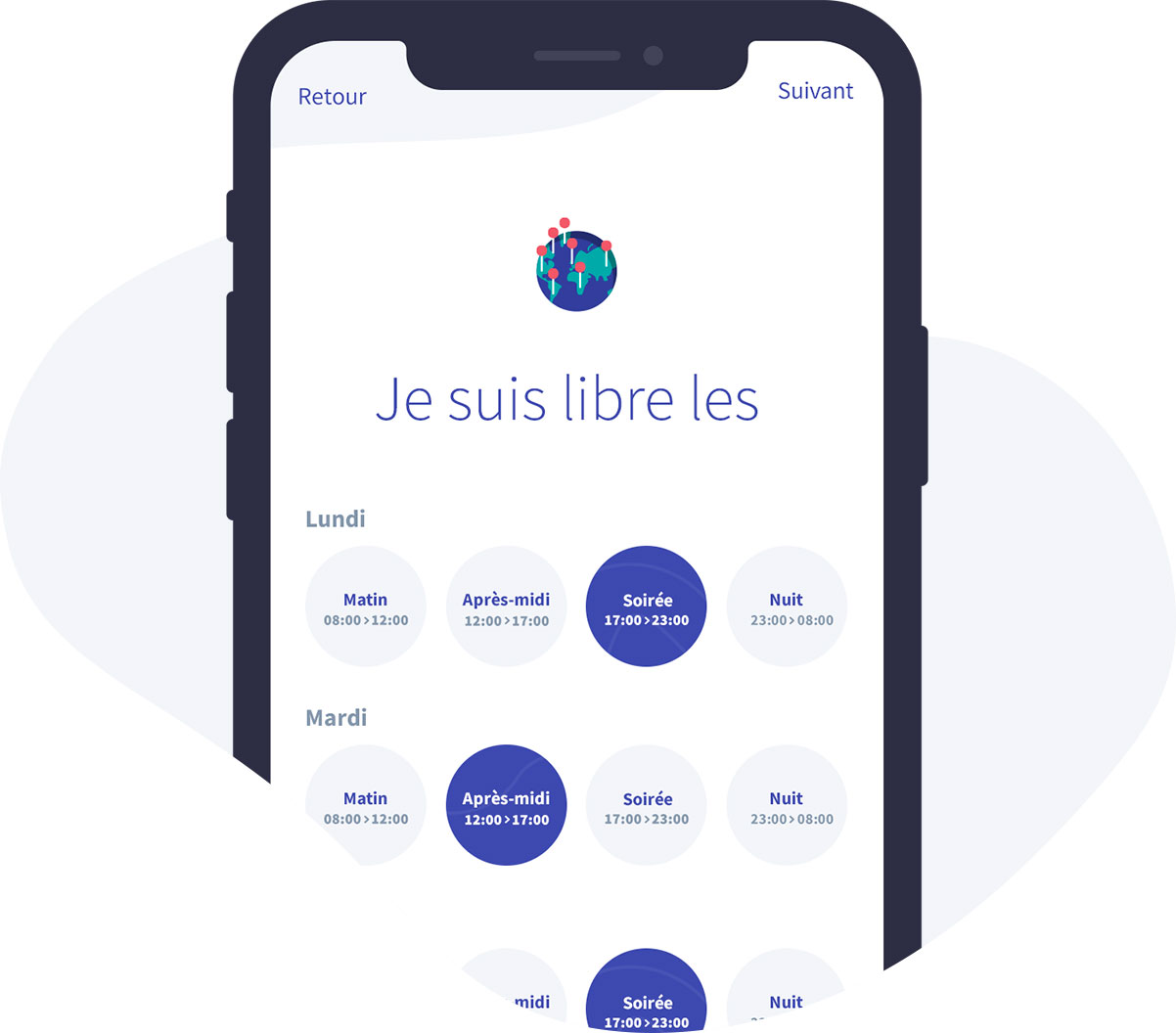 Écran de smartphone sur l'écran de choix des créneaux horaire